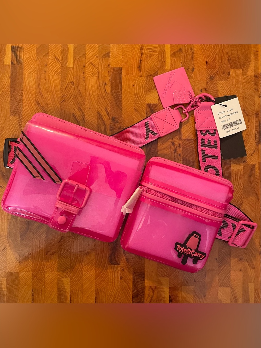 Tote & Carry Hot Pink Jelly Patent Crossbody Belt Bag Pouch Set. New With Tags!